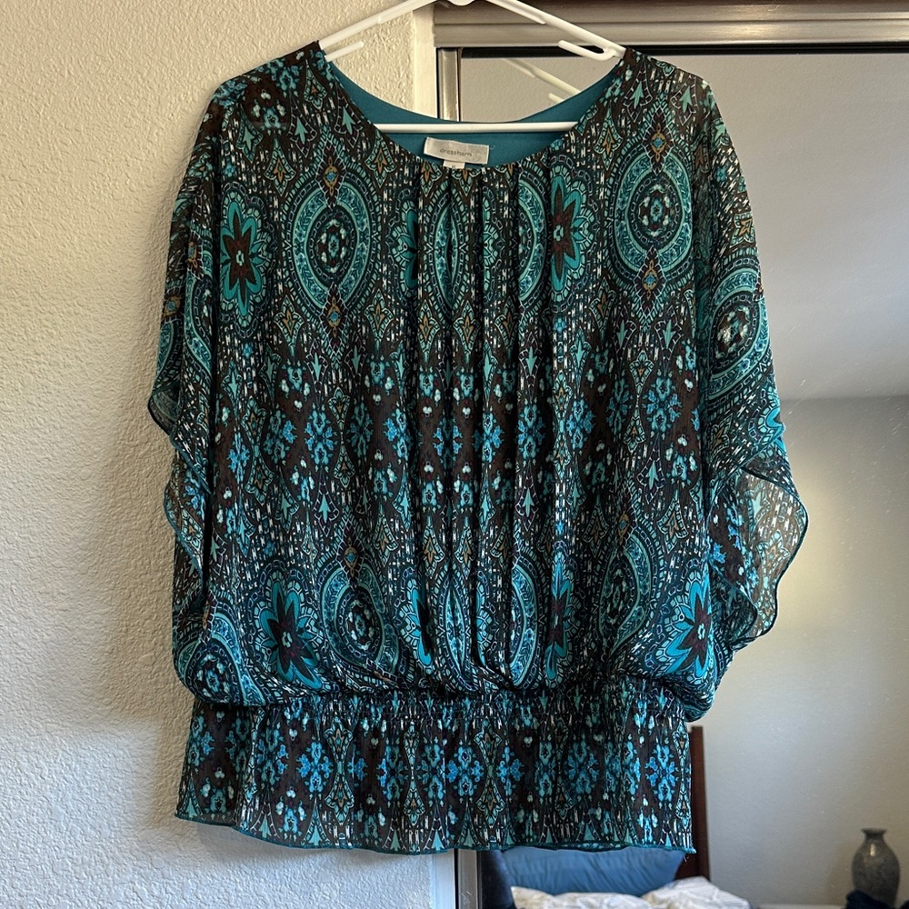 Dressbarn Teal and Black Patterned Blouse